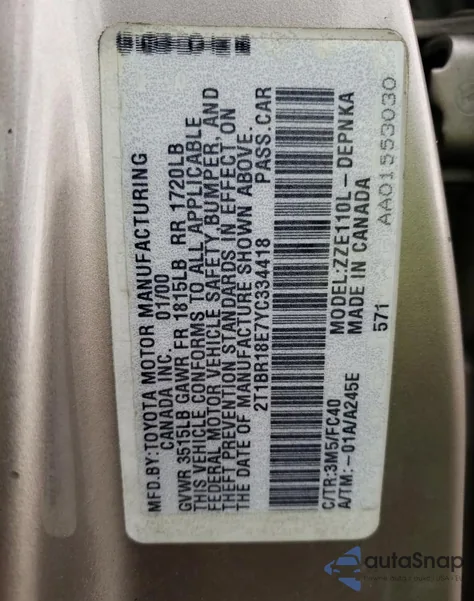 2000 Toyota Corolla Ve из США, поврежденный, VIN 2T1BR18E7YC334418